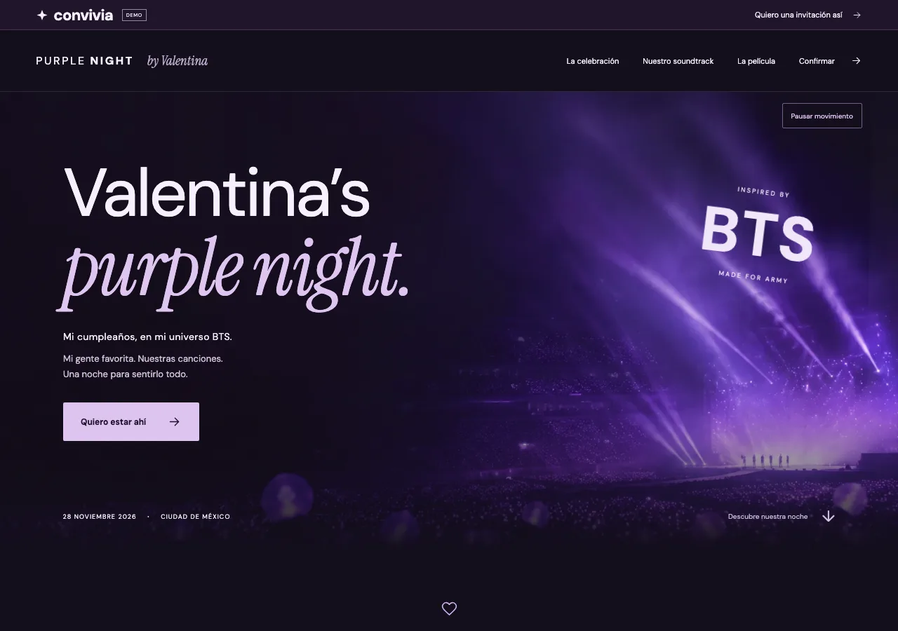 Estadio violeta de la invitación de cumpleaños de Valentina